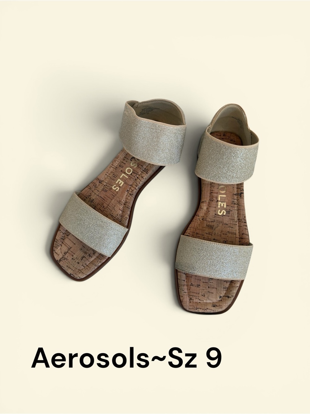 AEROSOLES Metallic Gold Double-Strap Cork Sandals in Light Gold-Sz 9